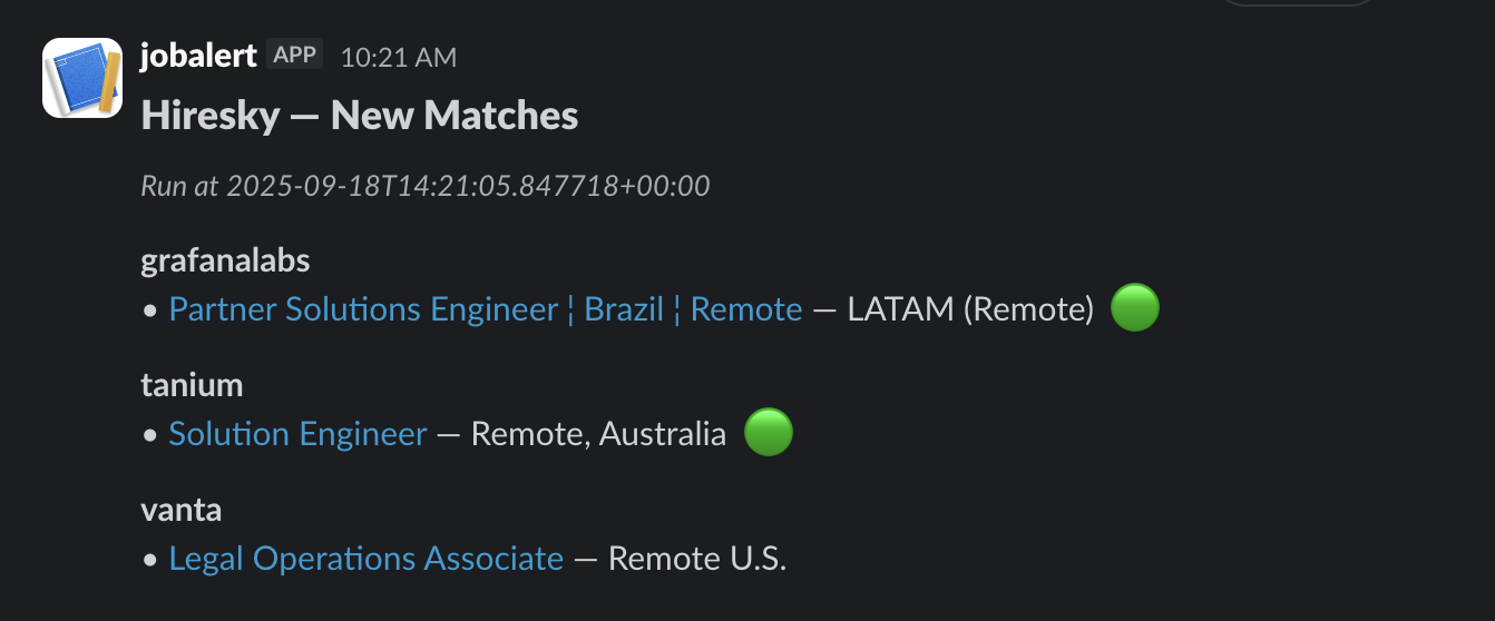 Hiresky Slack Alert Screenshot